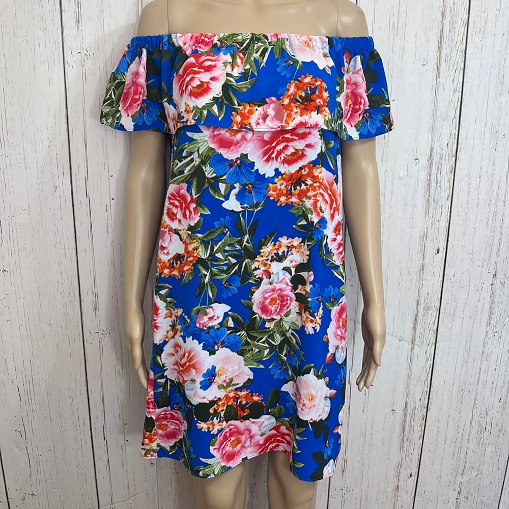 Rose & Olive Off the Shoulder Dress blue tropical size S
